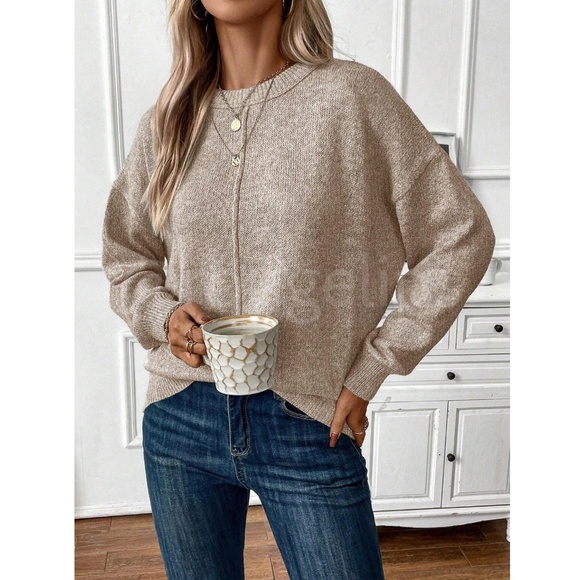 Beige Knit Pullover Loose Fit Sweater Long Sleeve Drop Shoulder - Picture 5 of 7